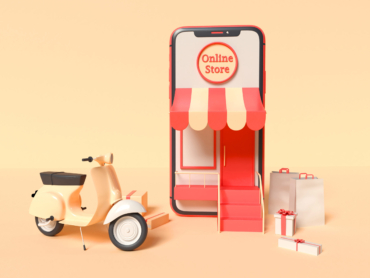 3D Illustration. Smartphone with a delivery scooter, boxes and paper bags. Online shopping concept.