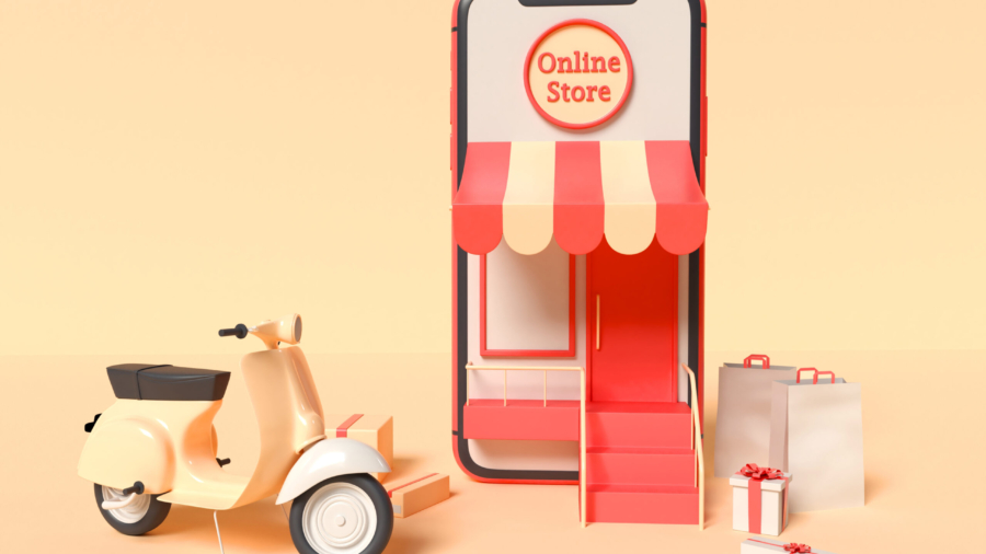 3D Illustration. Smartphone with a delivery scooter, boxes and paper bags. Online shopping concept.